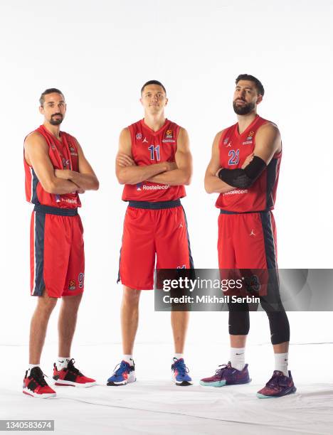 Alexey Shved, #91; Semen Antonov, #11 and Tornike Shengelia, #23 poses during the 2021/2022 Turkish Airlines EuroLeague Media Day of CSKA Moscow at...