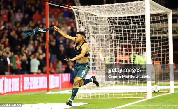 Onel Hernandez of Middlesbrough celebrates scoring his teams second goal during the Sky Bet Championship match between Nottingham Forest and...