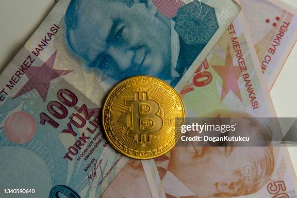 crypto turkish lira studies started in turkey. bitcoin symbol and turkish lira - russian rouble note stock pictures, royalty-free photos & images