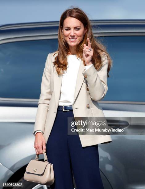 Catherine, Duchess of Cambridge arrives to meet those who supported the UK's evacuation of civilians from Afghanistan at RAF Brize Norton on...