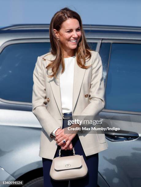 Catherine, Duchess of Cambridge arrives to meet those who supported the UK's evacuation of civilians from Afghanistan at RAF Brize Norton on...