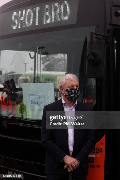 Auckland Mayor Phil Goff is pictured at the Auckland Airport drive through vaccination centre on September 16, 2021 in Auckland, New Zealand. Buses...