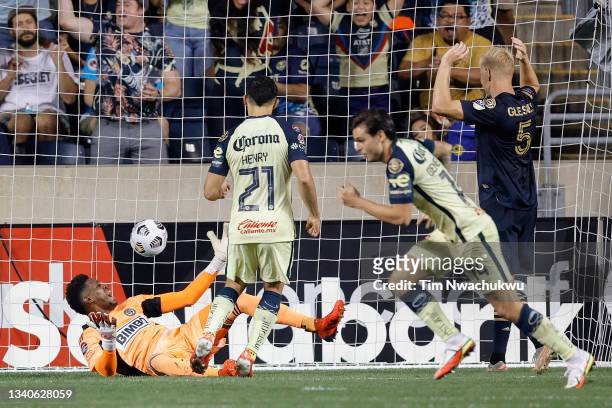 Andre Blake of Philadelphia Union reacts after a goal by Nicolás Benedetti of Club America during the second half during the semifinal second leg...