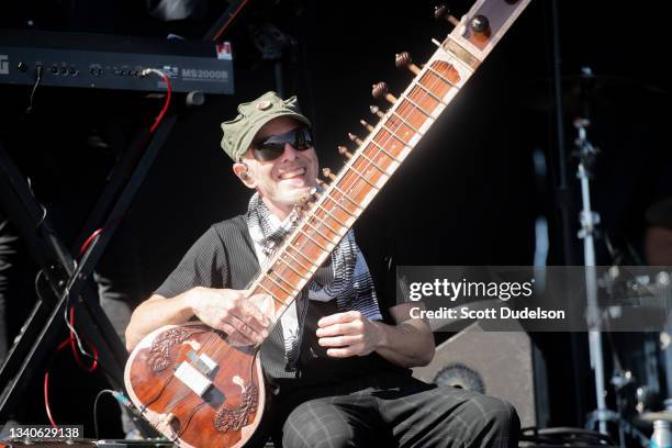 Musician Eric Hilton of Thievery Corporation performs onstage during day 3 of the Beach Life Music Festival on September 12, 2021 in Redondo Beach,...
