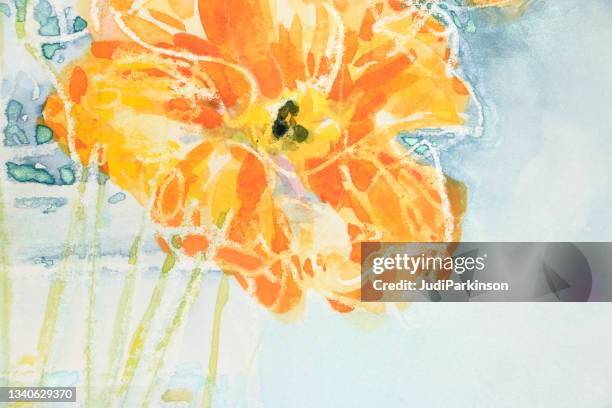 detail of still life with orange poppy in vase watercolor painting - poppies in vase stock illustrations