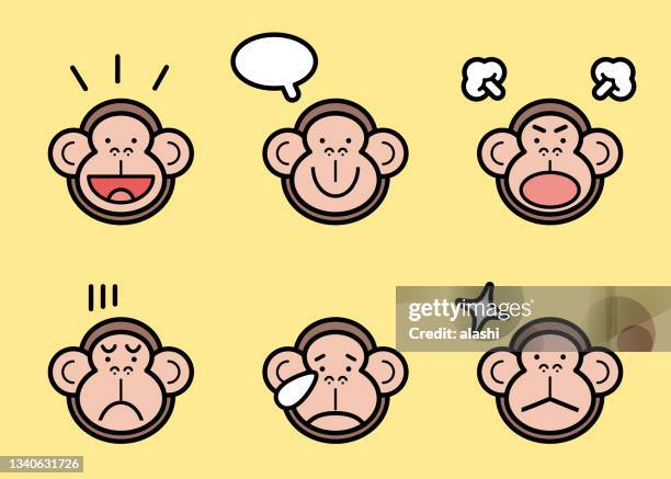 cute monkey icon set with six facial expressions in color pastel tones - monkey stock illustrations