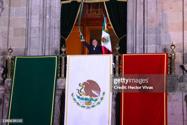 Mexican President Andres Manuel Lopez Obrador speaks during the annual shout of independence as part of the independence day celebrations on...