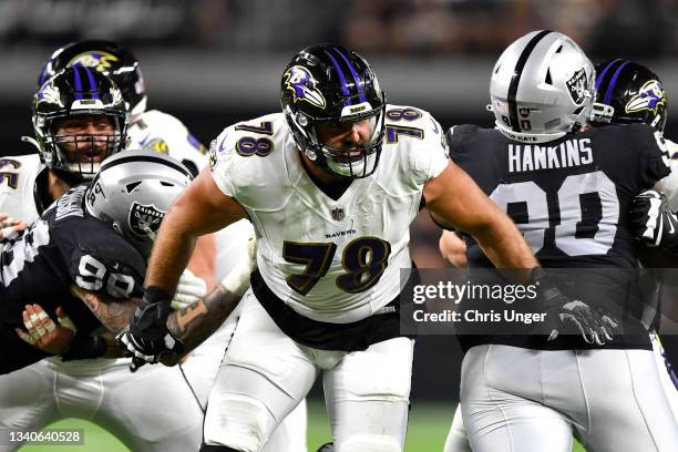 Offensive tackle Alejandro Villanueva of the Baltimore Ravens looks to block during a game against the Las Vegas Raiders at Allegiant Stadium on...