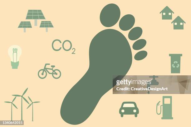 carbon footprint konzept mit umwelt-icons und human foot icon - footprint stock-grafiken, -clipart, -cartoons und -symbole