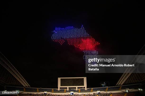 Drone light show is seen during the Bicentennial Gala as part of the Costa Rica independence day celebration on September 15, 2021 in San Jose, Costa...