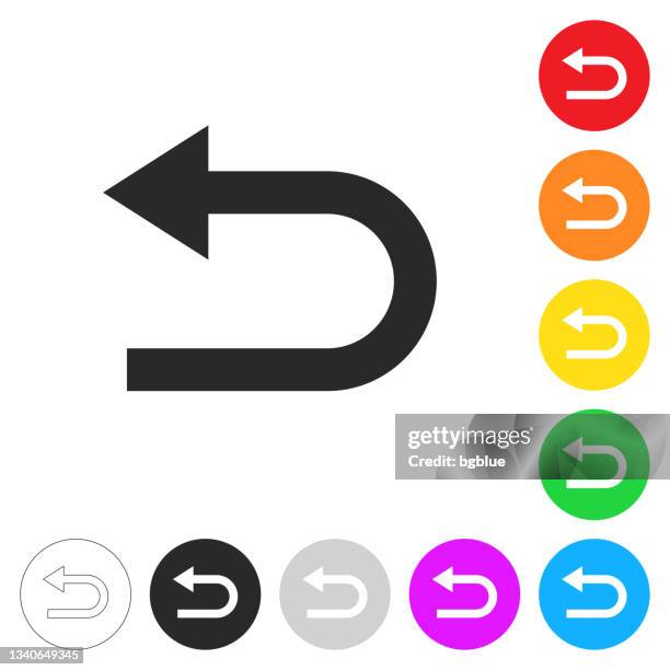 u-turn direction arrow. flat icons on buttons in different colors - returning money stock illustrations