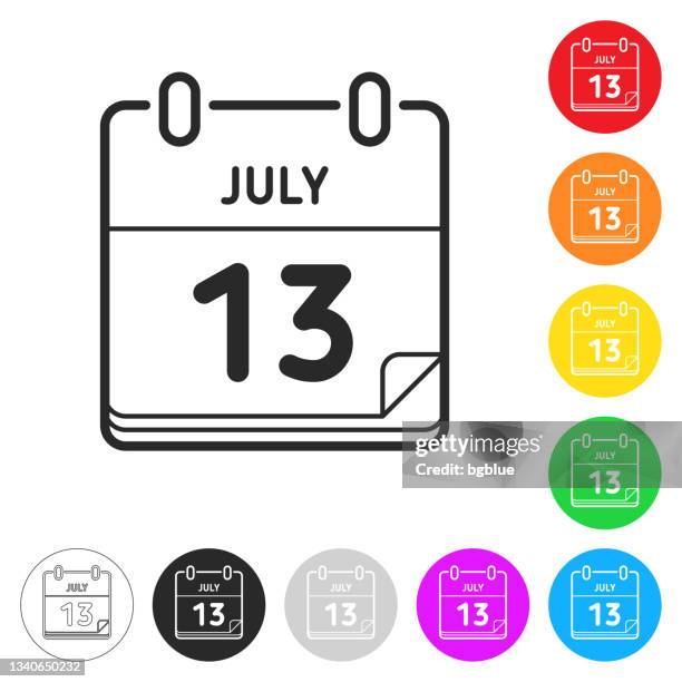 july 13. flat icons on buttons in different colors - number 13 stock illustrations