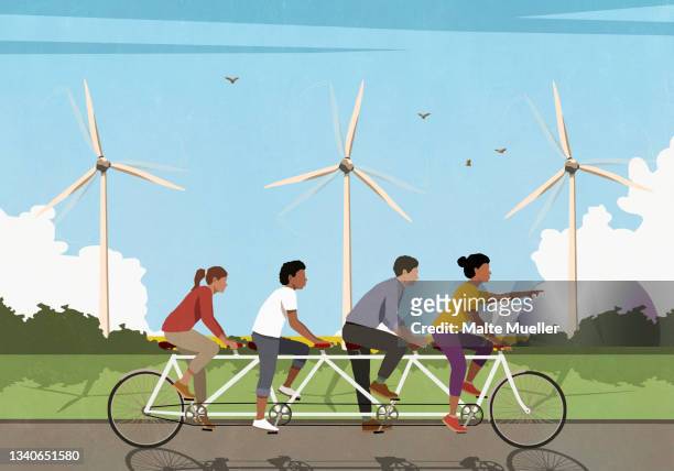 illustrations, cliparts, dessins animés et icônes de friends riding tandem bicycle along idyllic field with wind turbines - tandem bicycle
