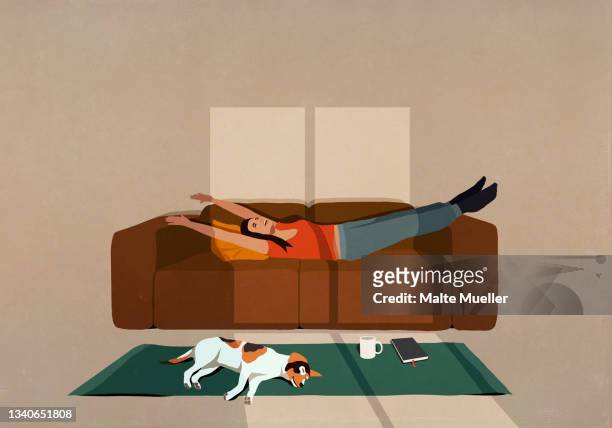 illustrazioni stock, clip art, cartoni animati e icone di tendenza di carefree woman stretching on sofa in sunny living room - healthy lifestyle stock illustrations