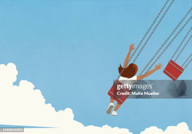 illustrations, cliparts, dessins animés et icônes de carefree girl riding chain swing ride against blue sky - seulement des petites filles