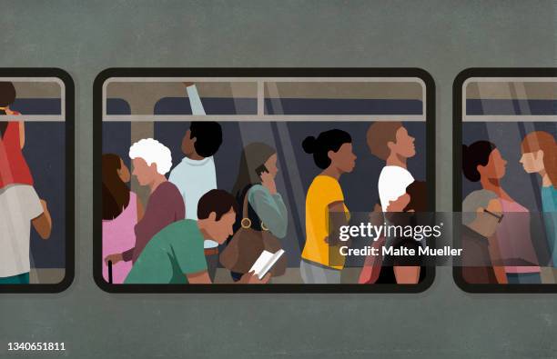 ilustrações, clipart, desenhos animados e ícones de commuters riding subway - metro transporte