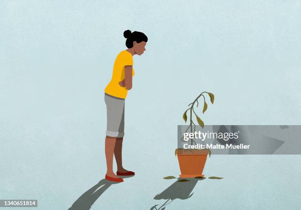 woman looking at dead houseplant - hochfrisur stock-grafiken, -clipart, -cartoons und -symbole