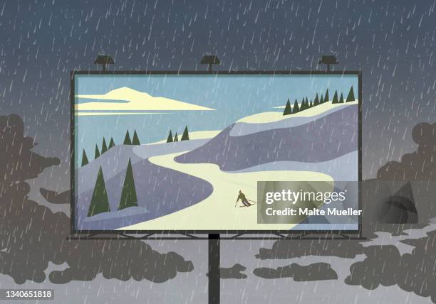 stockillustraties, clipart, cartoons en iconen met skier on snowy slope on billboard against rainy sky - billboard stock illustrations