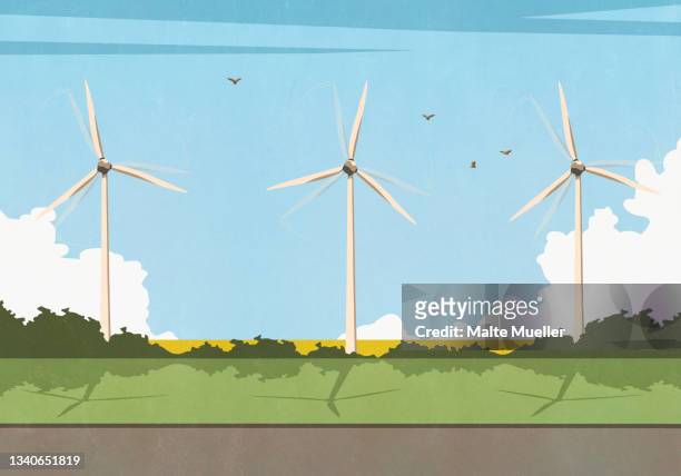 ilustraciones, imágenes clip art, dibujos animados e iconos de stock de wind turbines spinning in sunny idyllic rural field - wind power
