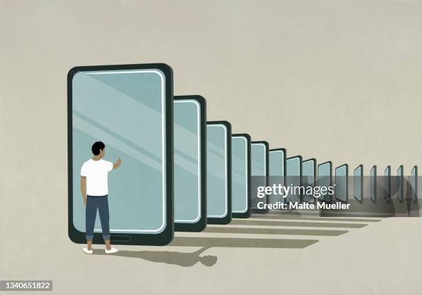 ilustraciones, imágenes clip art, dibujos animados e iconos de stock de man standing at smart phone dominoes - one man only stock illustrations