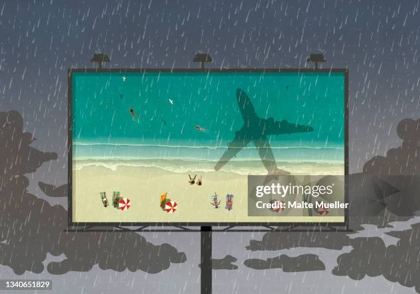 tourists at beach on billboard against rainy sky - commercial airplane stock illustrations