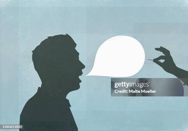 illustrazioni stock, clip art, cartoni animati e icone di tendenza di hand with pin popping speech bubble - problemi di comunicazione