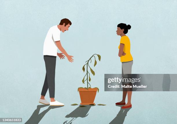 unhappy couple looking at dead houseplant - dead stock illustrations