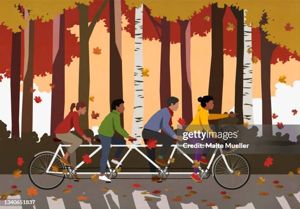 friends riding tandem bicycle in autumn park - signaling pathways stock-grafiken, -clipart, -cartoons und -symbole