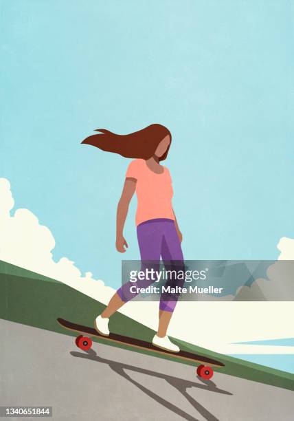 bildbanksillustrationer, clip art samt tecknat material och ikoner med teenage girl riding skateboard - only teenage girls