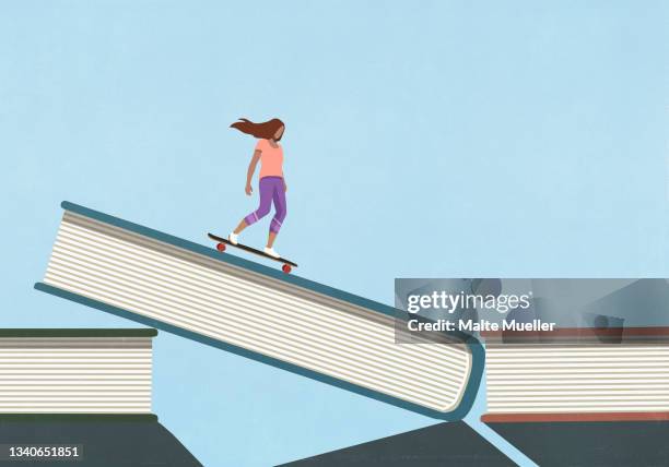 woman skateboarding down book cover - book cover stock-grafiken, -clipart, -cartoons und -symbole