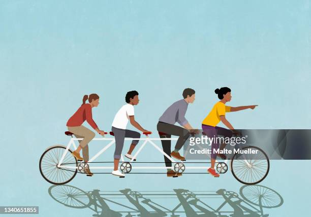 friends riding tandem bicycle on blue background - teamwork stock illustrations