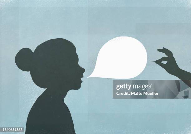 ilustrações de stock, clip art, desenhos animados e ícones de hand with pin popping speech bubble - profile woman silhouette