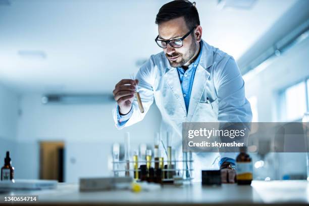 male scientist analyzing liquid in tubes at laboratory. - illegal drugs at work stock pictures, royalty-free photos & images