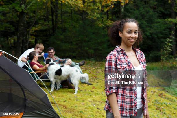 people on camping trip, woman in foreground - woodstock new york stock pictures, royalty-free photos & images