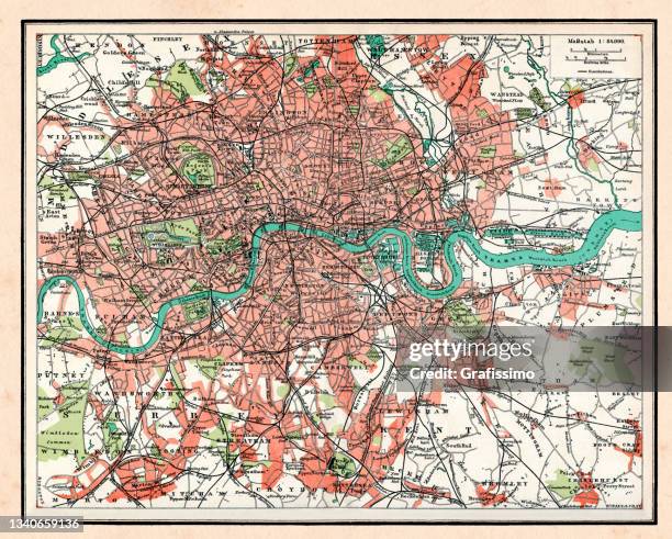 ilustrações de stock, clip art, desenhos animados e ícones de antique map of london great britain 1896 - grande londres
