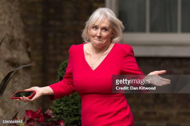 Nadine Dorries, Minister of State for Mental Health, Suicide Prevention and Patient Safety arrives at 10 Downing Street on September 15, 2021 in...