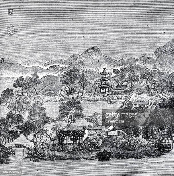 classical chinese garden - oriental garden stock illustrations