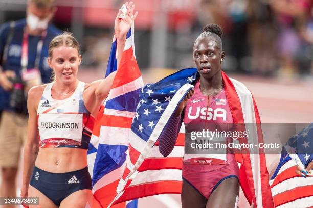 August 3: Gold medal winner Athing Mu of the United States and silver medal winner Keely Hodgkinson of Great Britain after the Women's 800m Final at...