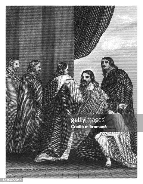 old engraved illustration of christ discourses with his disciples - peter law foto e immagini stock
