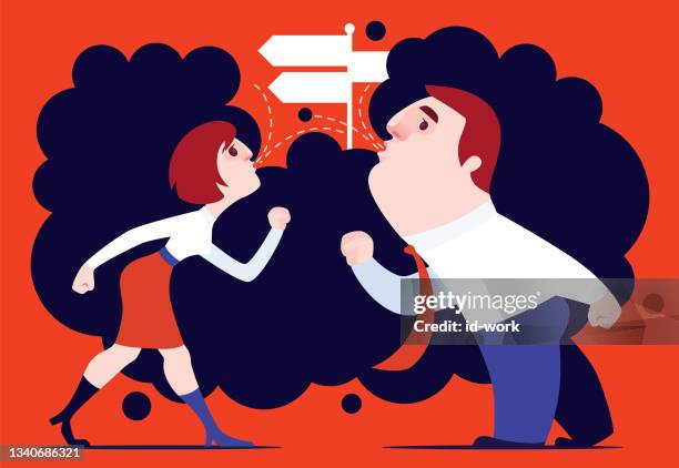 couple blowing away black cloud and finding direction - breathing problem stock illustrations