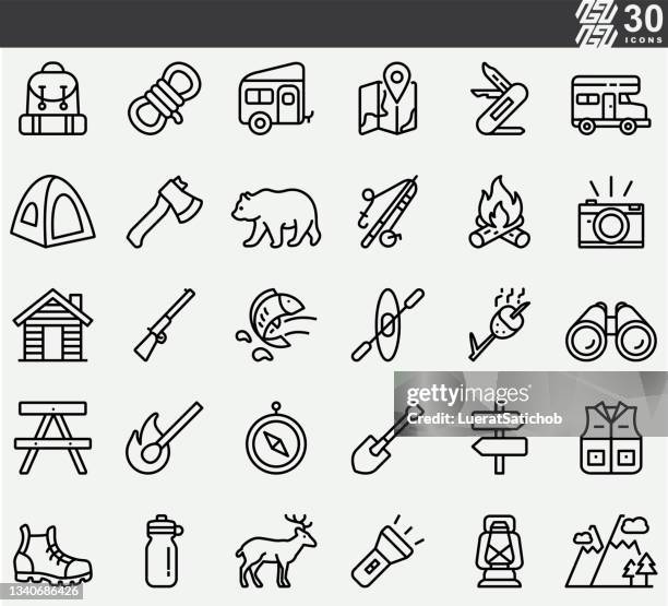 camping and outdoor line icons - dome tent stock illustrations