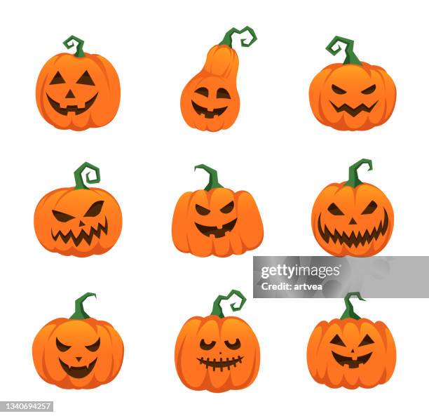 ilustraciones, imágenes clip art, dibujos animados e iconos de stock de aterradoras caras de calabaza de halloween - halloween scary