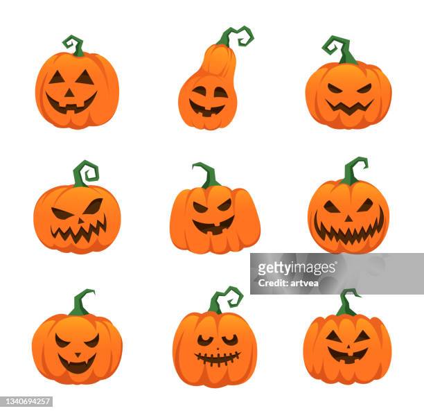 illustrazioni stock, clip art, cartoni animati e icone di tendenza di spaventose facce di zucca di halloween - halloween