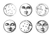 Set of Moon, Crescent, illustrations in engraving style. Graphic drawings in vector. Vintage pastiche of esoteric and occult signs.