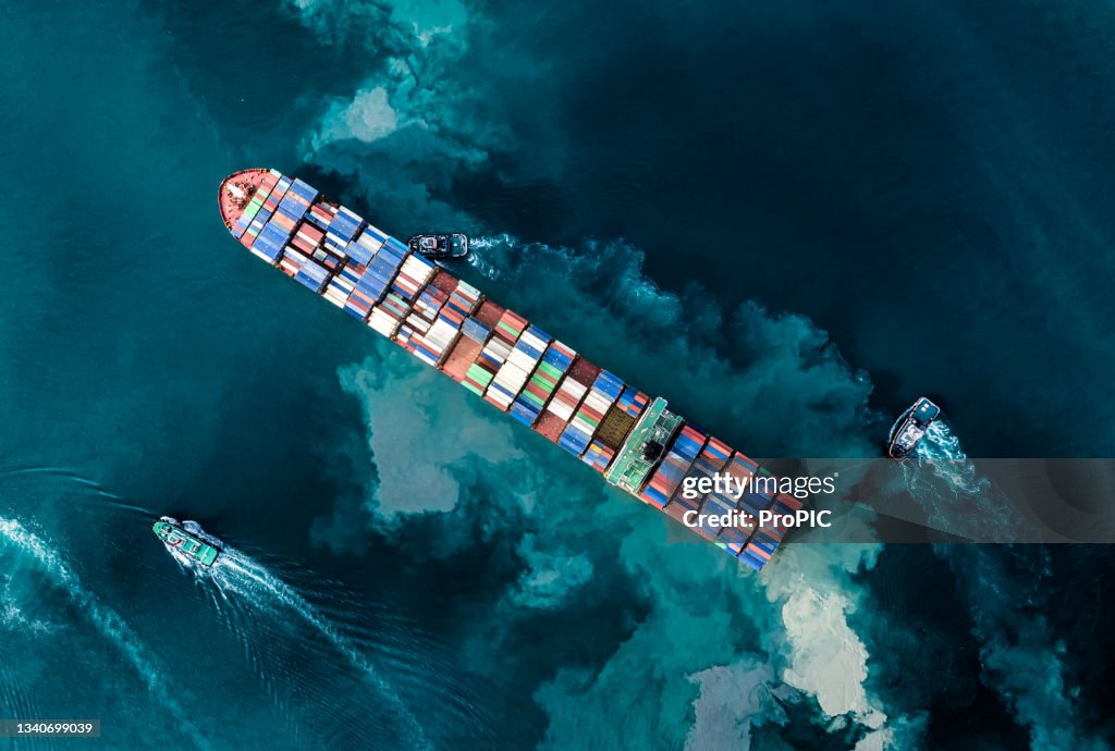 Shipping by sea using containers to store and transport various goods. which is an important import and export business of Thailand. Water transport International. Aerial view and top view.