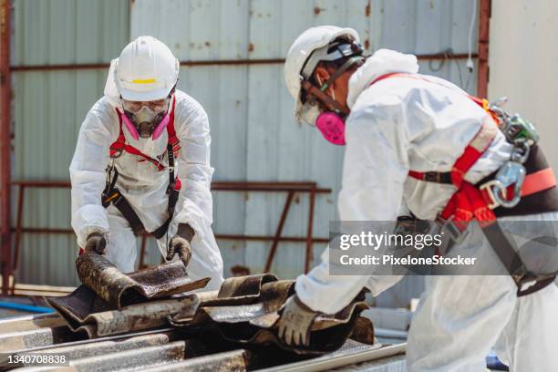 safety is our top priority. workers wearing full body protective clothing while working with the asbestos roof tiles. - asbestos removal stock-fotos und bilder