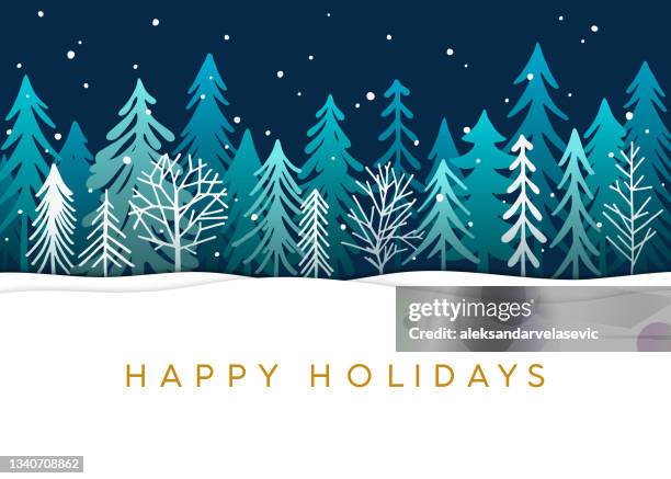 ilustraciones, imágenes clip art, dibujos animados e iconos de stock de tarjeta de vacaciones con árboles de navidad - happy holidays background