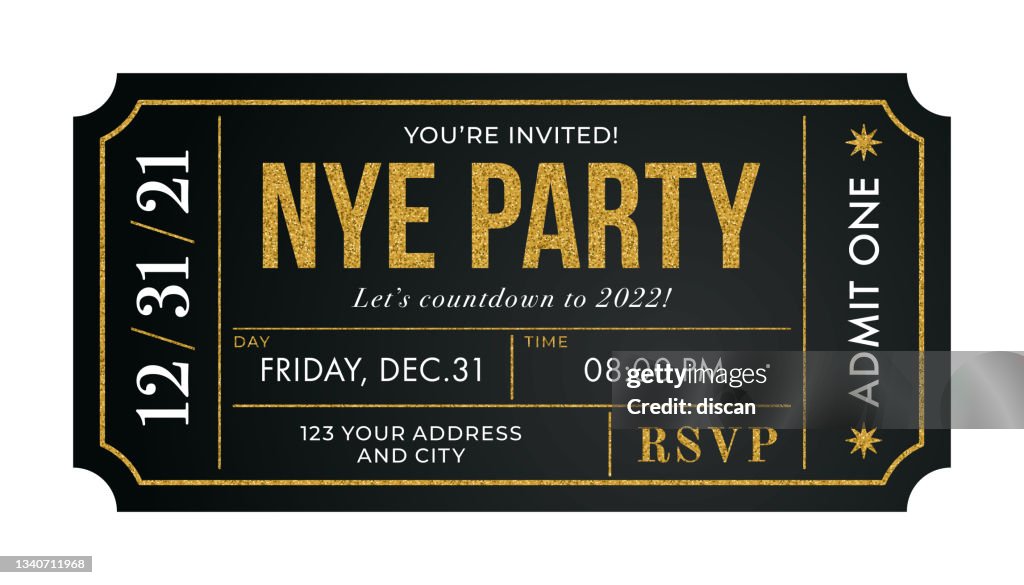 Convite para ingressos da NYE. Festa de Ano Novo.
