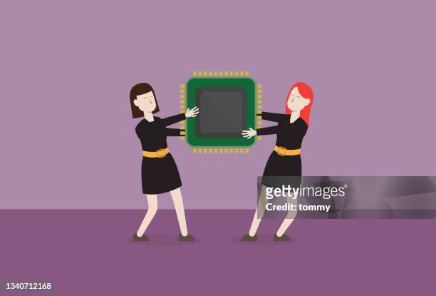 business people fight for a computer chip - scarce stock illustrations