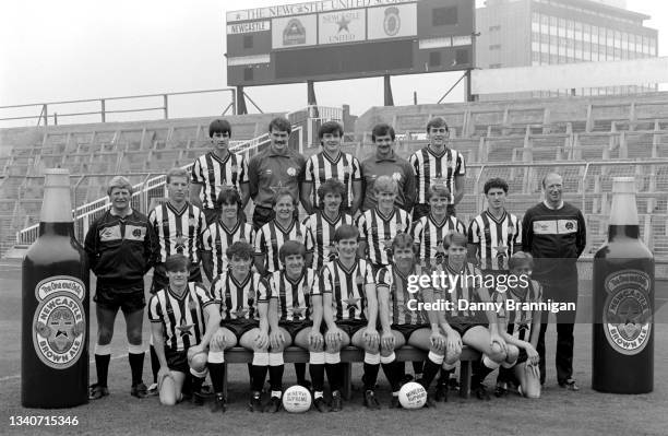 The Newcastle United First Team Squad pictured with two large bottles of the sponsors Newcastle Brown Ale at the pre season photocall ahead of the...